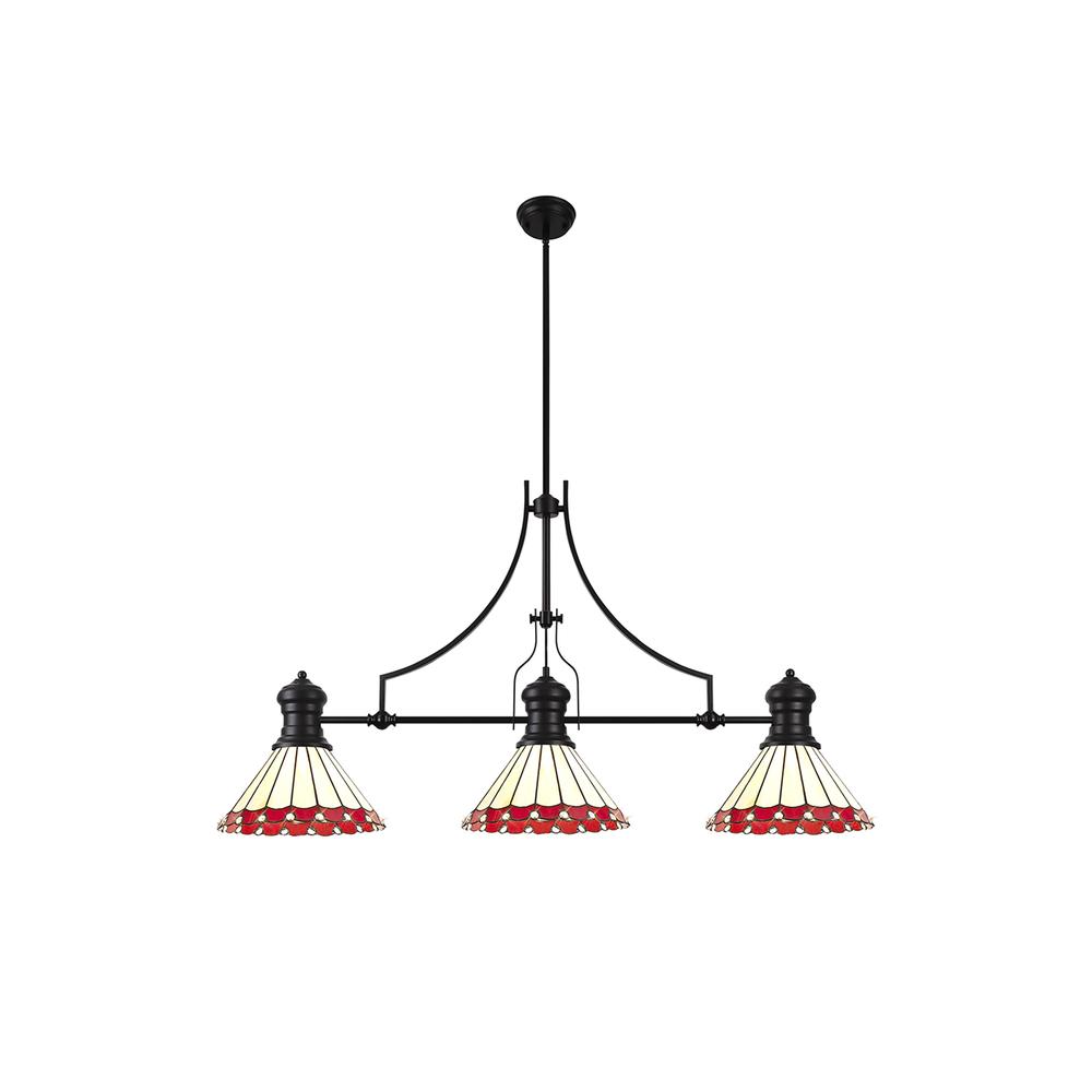 Luxuria Sleek 3 Light Linear Pendant E27 With 30cm Tiffany Shade Matt Black Red Cream Crystal