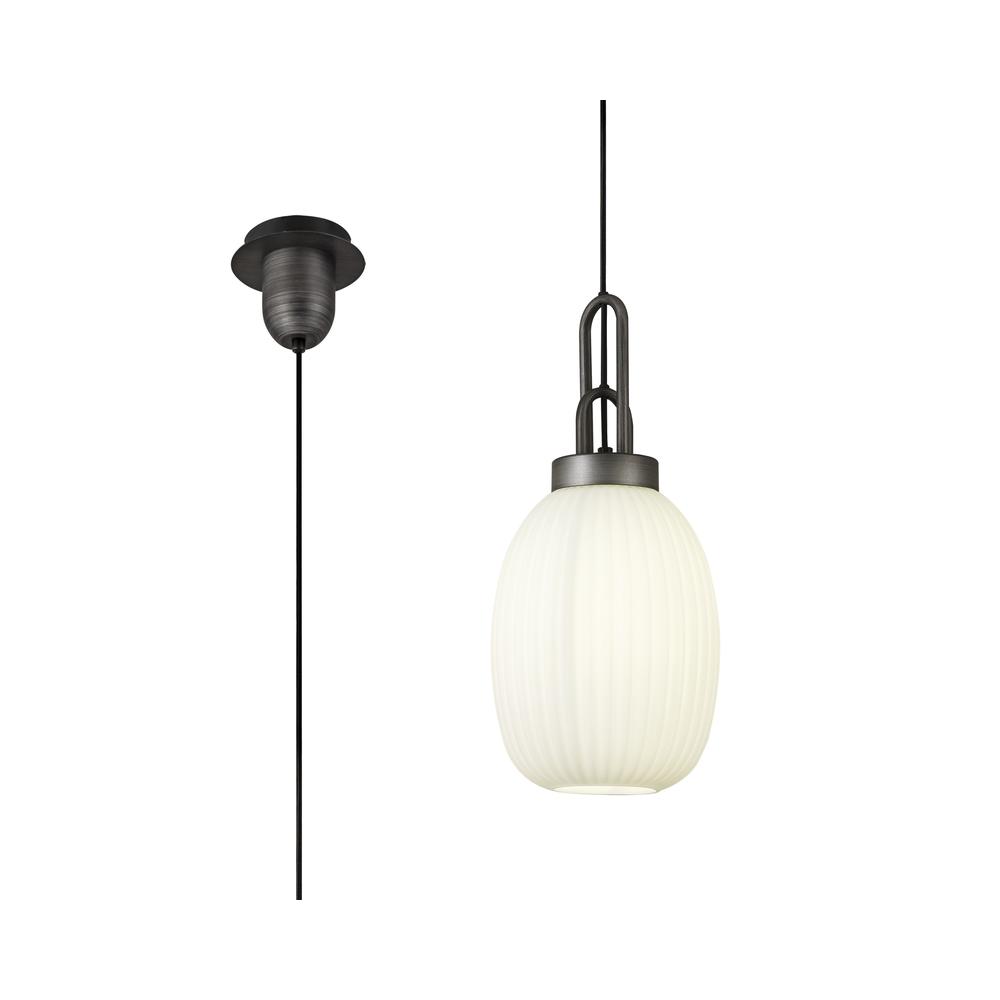 Luxuria Kennith Pendant Light E27 20cm Almond Ribbed Glass Opal Black/Aged Pewter