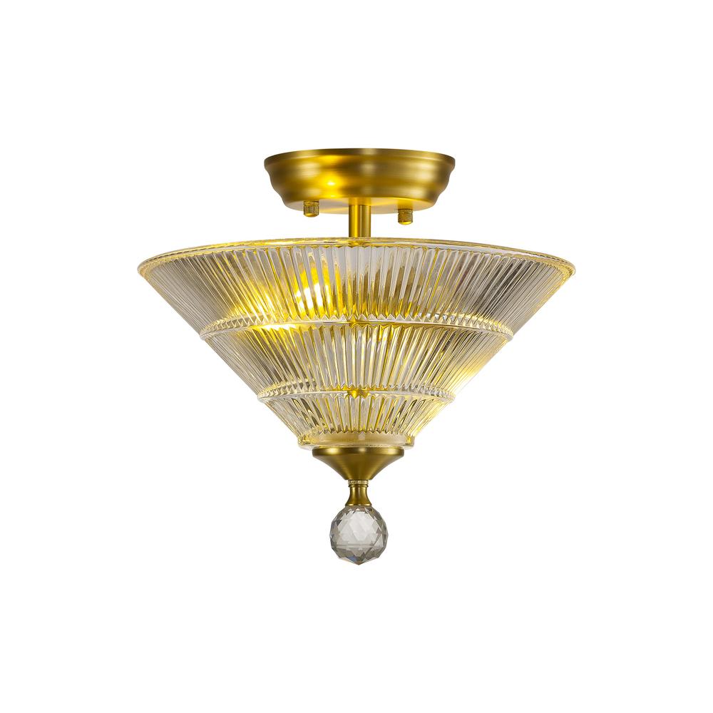 Luxuria Sirius Flush Ceiling Light 2xE27 With Cone 30cm Glass Shade Satin Gold/Clear