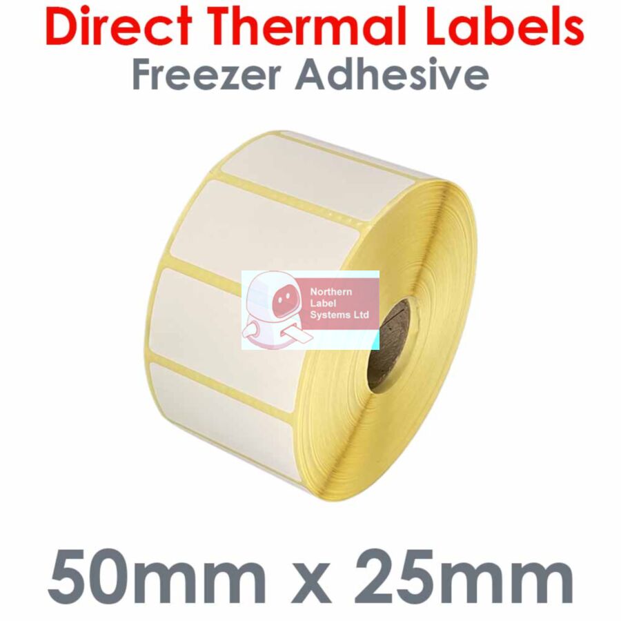 050025DTYFW1-2000, 50mm x 25mm, Direct Thermal Labels, Freezer Adhesive, 2,000 per roll, For Small Desktop Label Printers