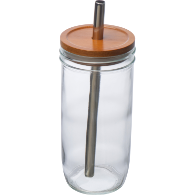 GLASS MUG with Bamboo Lid & Straw in Clear Transparent.