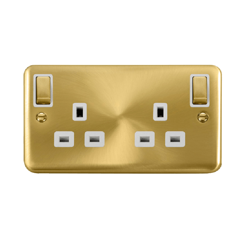 Click Deco Plus 13A Ingot 2G DP Switched Socket Outlet With Outboard Rockers Satin Brass White Inserts