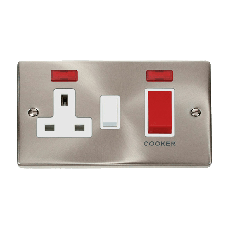 Click Deco 45A DP Switch with 13A Switched Socket and Neons Satin Chrome Insert White