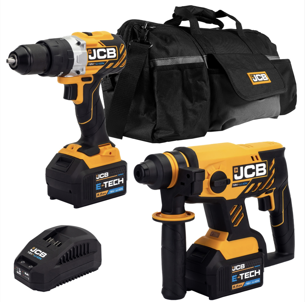 JCB 18V Brushless Combi Drill & Hammer Drill SDS Kit, 2x 5.0ah Li-Ion Batteries, Charger, 20″ Kit Bag 