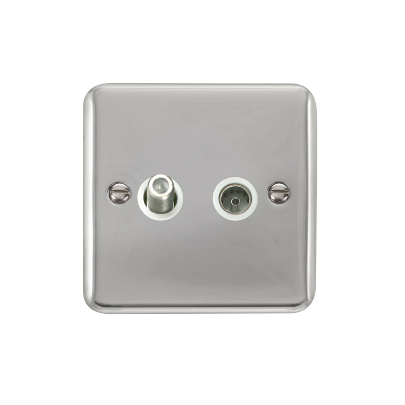 Click Deco Plus Twin Non-Isolated Satellite & Non-Isolated Coaxial Outlet Polished Chrome White Inserts