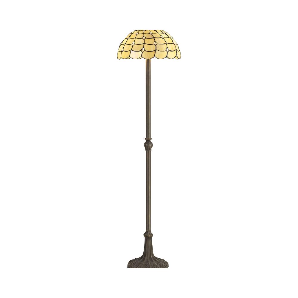 Luxuria Luna 2 Light Leaf Design Floor Lamp E27 With 40cm Tiffany Shade Beige/Clear Crystal/Aged Antique Brass