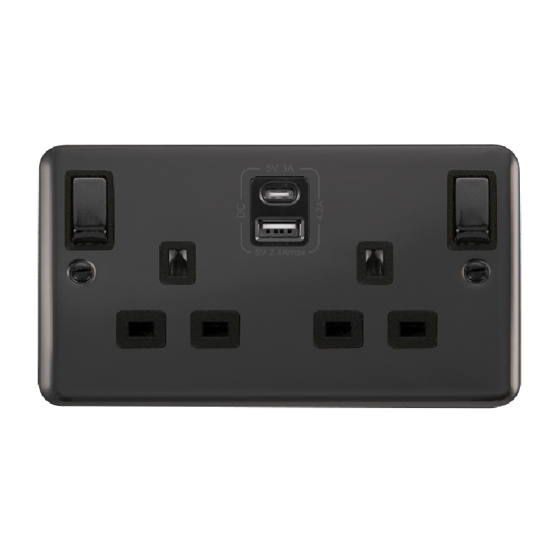 Click Deco Plus 13A Ingot 2G Switched Socket Outlet With Type A & C USB 4.2A Outlets Black Nickel Black Inserts