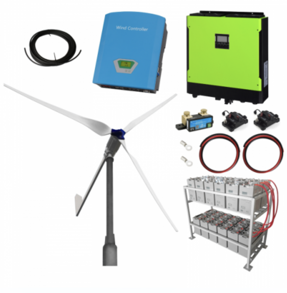 2Kw Grid-Tie Wind Turbine Kit With 5.5Kw Hybrid Inverter And 24Kwh Battery Bank For Export Of Wind Power Into The Grid