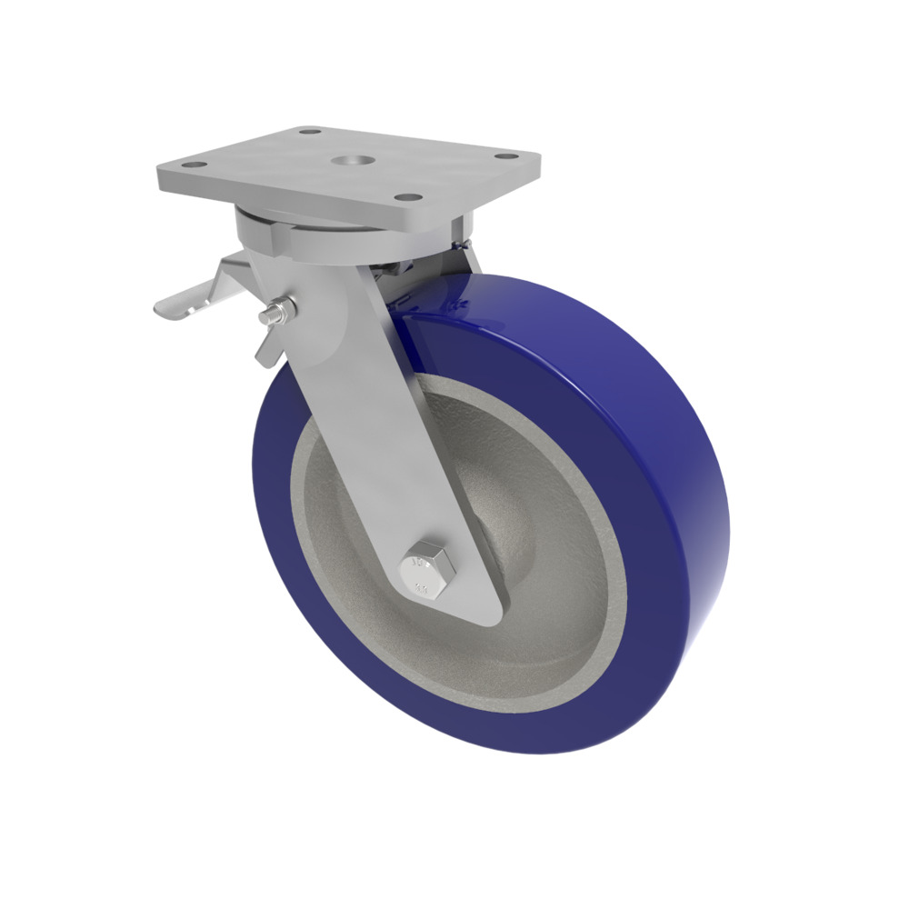 Blue Polyurethane on Cast Iron Plate Swivel Brake Castor 300mm 1800kg Load