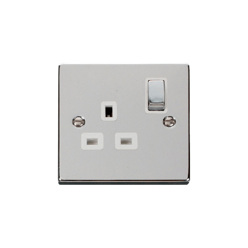 Click Deco 1 Gang 13A DP 'Ingot' Switched Socket Outlet Polished Chrome Insert White