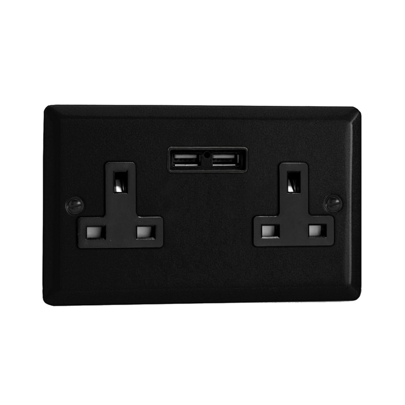 Varilight Urban 2G 13A Unswitched Socket with USB Charging Ports Matt Black (Standard Plate)