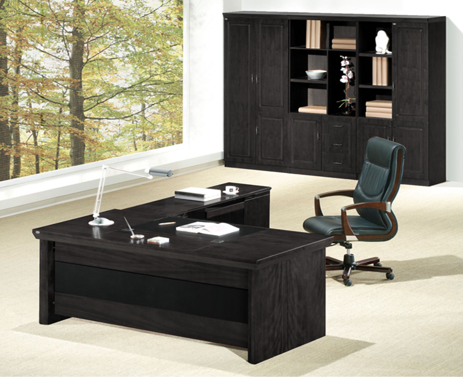 Providers Of Stunning Black Ash Real Wood Veneer Executive Office Desk With Pedestal & Return - 1800mm - L3F-U57183 UK