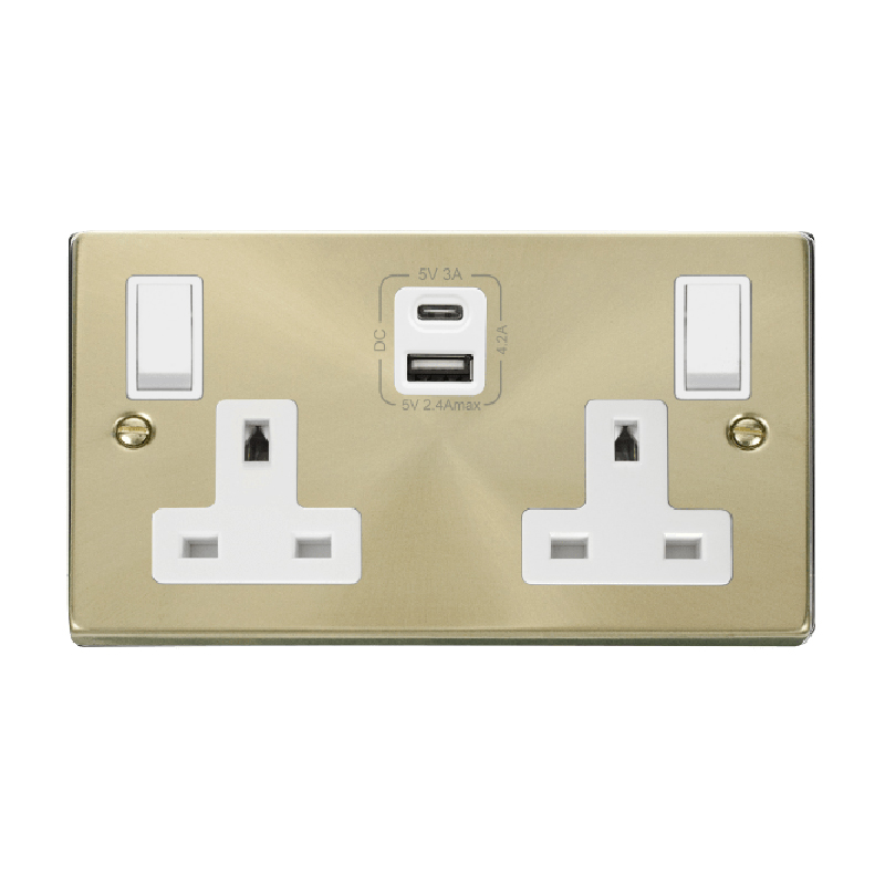 Click Deco 2G 13A Switched Socket With Type A & C USB 4.2A Outlets Satin Brass Insert White