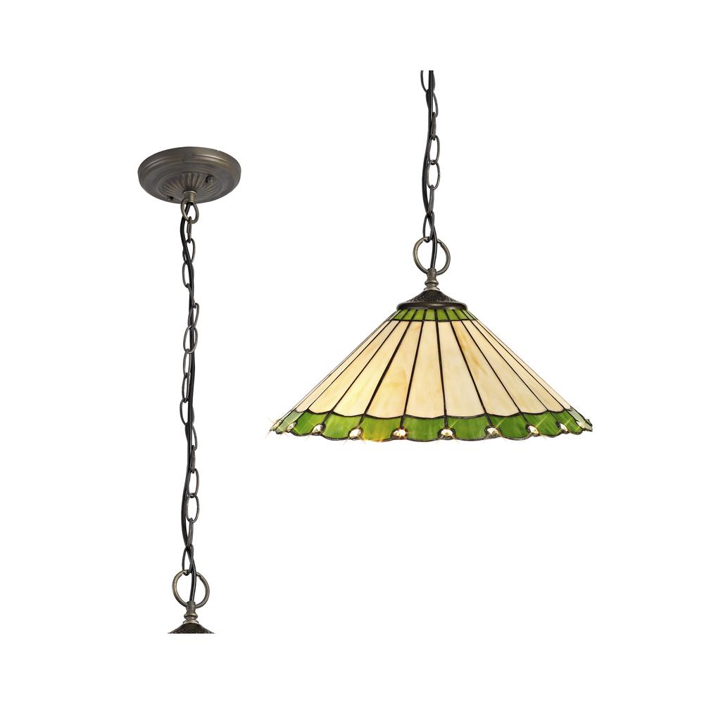 Luxuria Sleek 40.5cm 3 Light Downlighter Pendant E27 With 40cm Tiffany Shade Green/Cream/Crystal/Aged Antique Brass