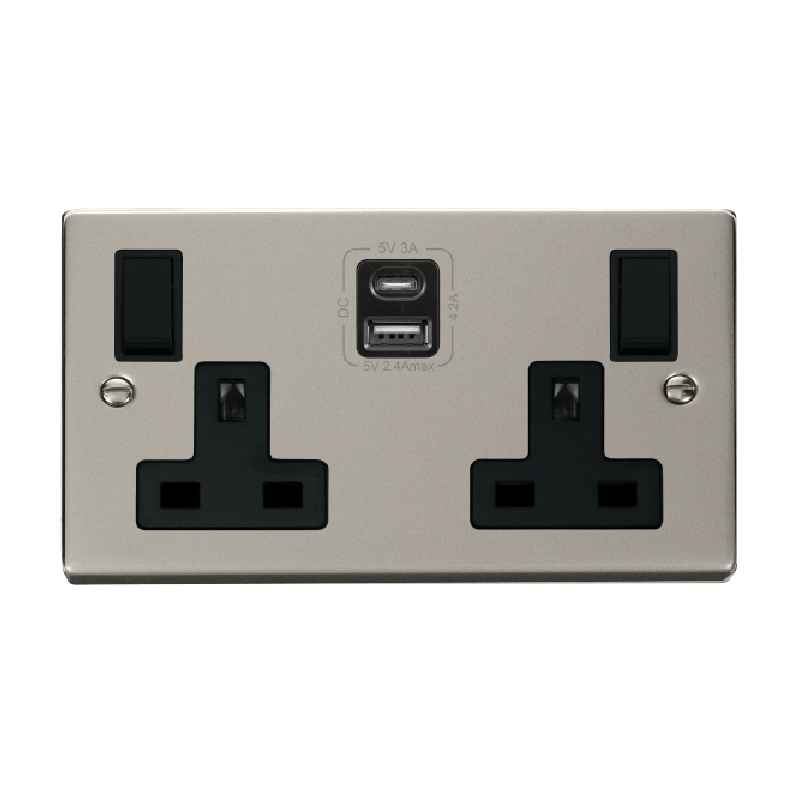 Click Deco 2G 13A Switched Socket With Type A & C USB 4.2A Outlets Pearl Nickel Insert Black