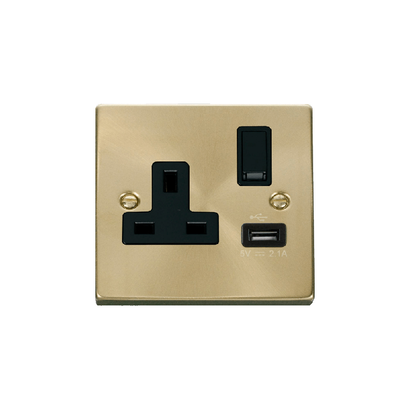 Click Deco 13A 1G Switched Socket Outlet With USB Outlet Satin Brass Insert Black