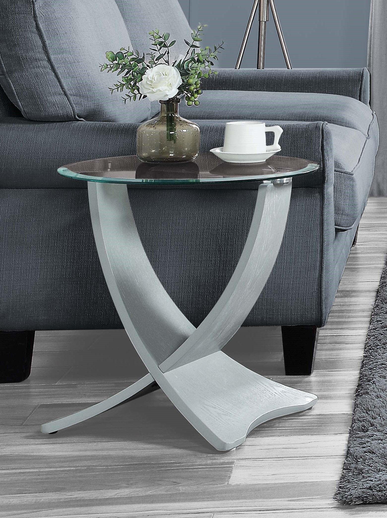 Specialising In Round Clear Glass Lamp / Side Table with Grey Veneer - 500mm - JF309 UK