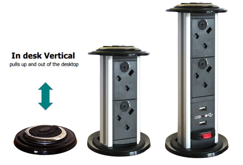 PD-Vertical-2U - Vertical Desk Power , 2x UK Sockets, 2x USB, Vertical Telescopic Flush Desk port PDU Pull-out