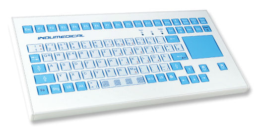 KS03213 Indukey TKS-088b-TOUCH-AM-KGEN-PS2 InduMedical Keyboard with Touch Pad IP65 rated with antimicrobial properties. PS2-US Colour: white and blue ( Impregnated with Microban)