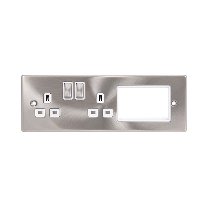 Click New Media 2 x 13A DP Switched Socket Outlets Front Plate Satin Chrome With Insert White