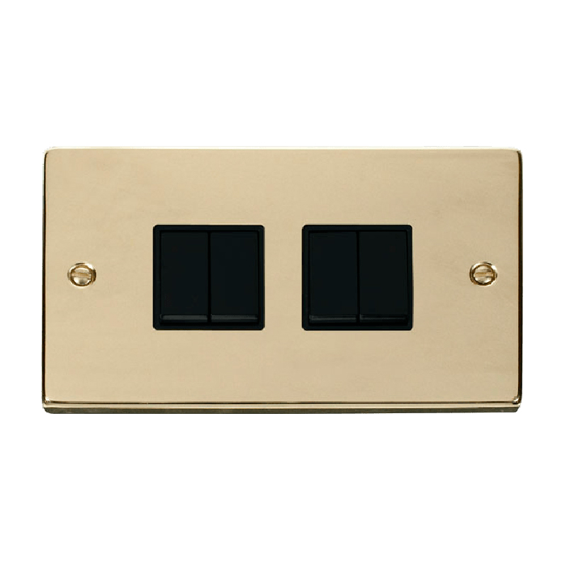 Click Deco 4 Gang 2 Way 10AX Switch Polished Brass Black Inserts