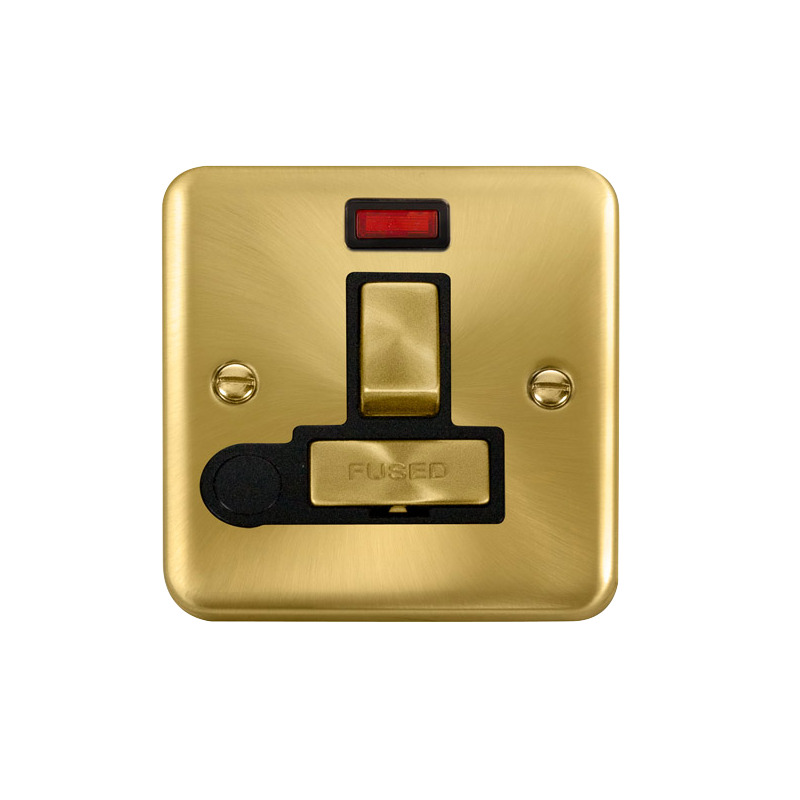 Click Deco Plus Switched Fused Spur Satin Brass Black Inserts Neon Light + Flex Outlet