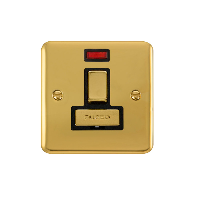 Click Deco Plus Switched Fused Spur Polished Brass Black Inserts Neon Light