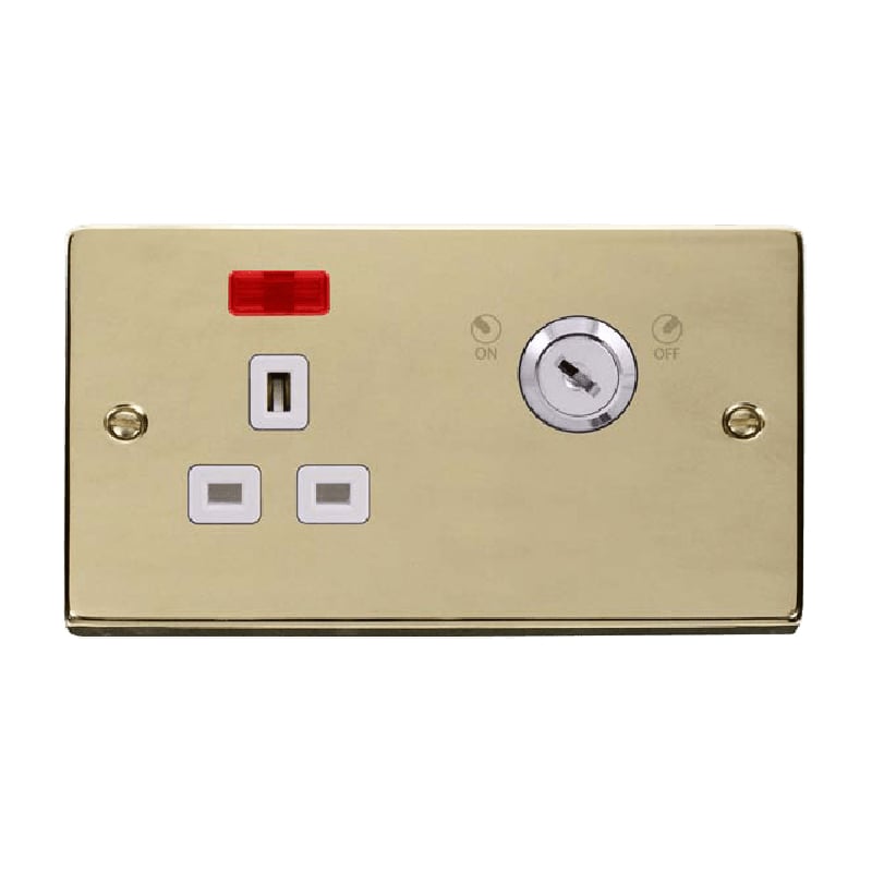 Click Deco 13A 1G Double Pole Key Lockable Socket with Neon Polished Brass Insert White