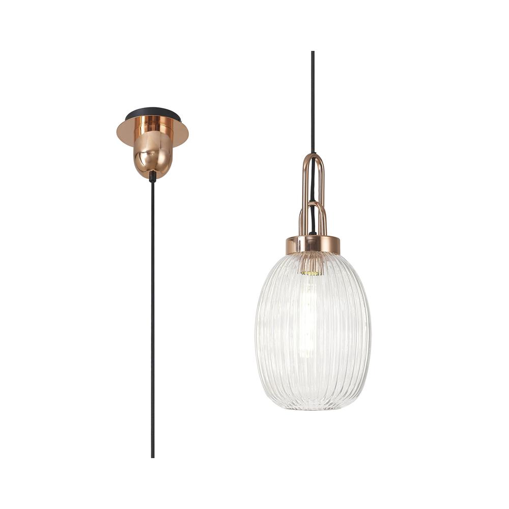 Luxuria Kennith Pendant Light E27 With 20cm Almond Ribbed Glass Clear Copper/Matt Black