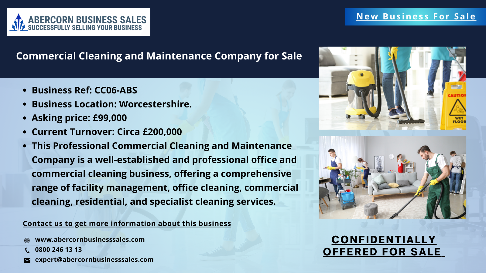 CC06-ABS - Commercial Cleaning and Maintenance Company for Sale - offering a comprehensive range of facility management, office cleaning, commercial cleaning, residential, and specialist cleaning services.