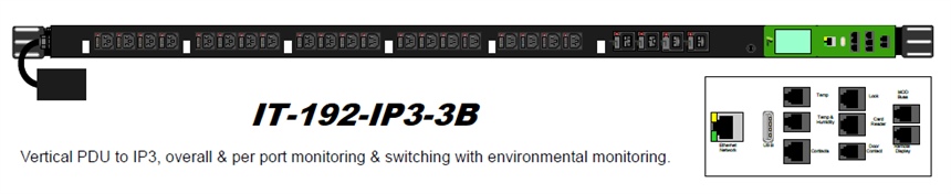 IT-192-IP3-3B - iPower IP3 Range - 24 Way, 16A *C20 Plug, 0U Vertical PDU - 20 x C13, 4 x C19, Per Port Monitoring & Switching with environmental monitoring