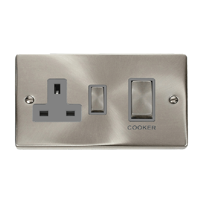 Click Deco 45A Ingot DP Switch with 13A Switched Socket Satin Chrome Insert Grey