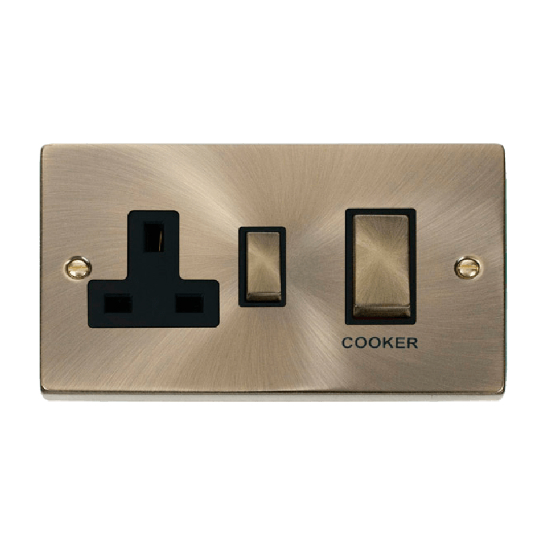 Click Deco 45A Ingot DP Switch with 13A Switched Socket Antique Brass Insert Black