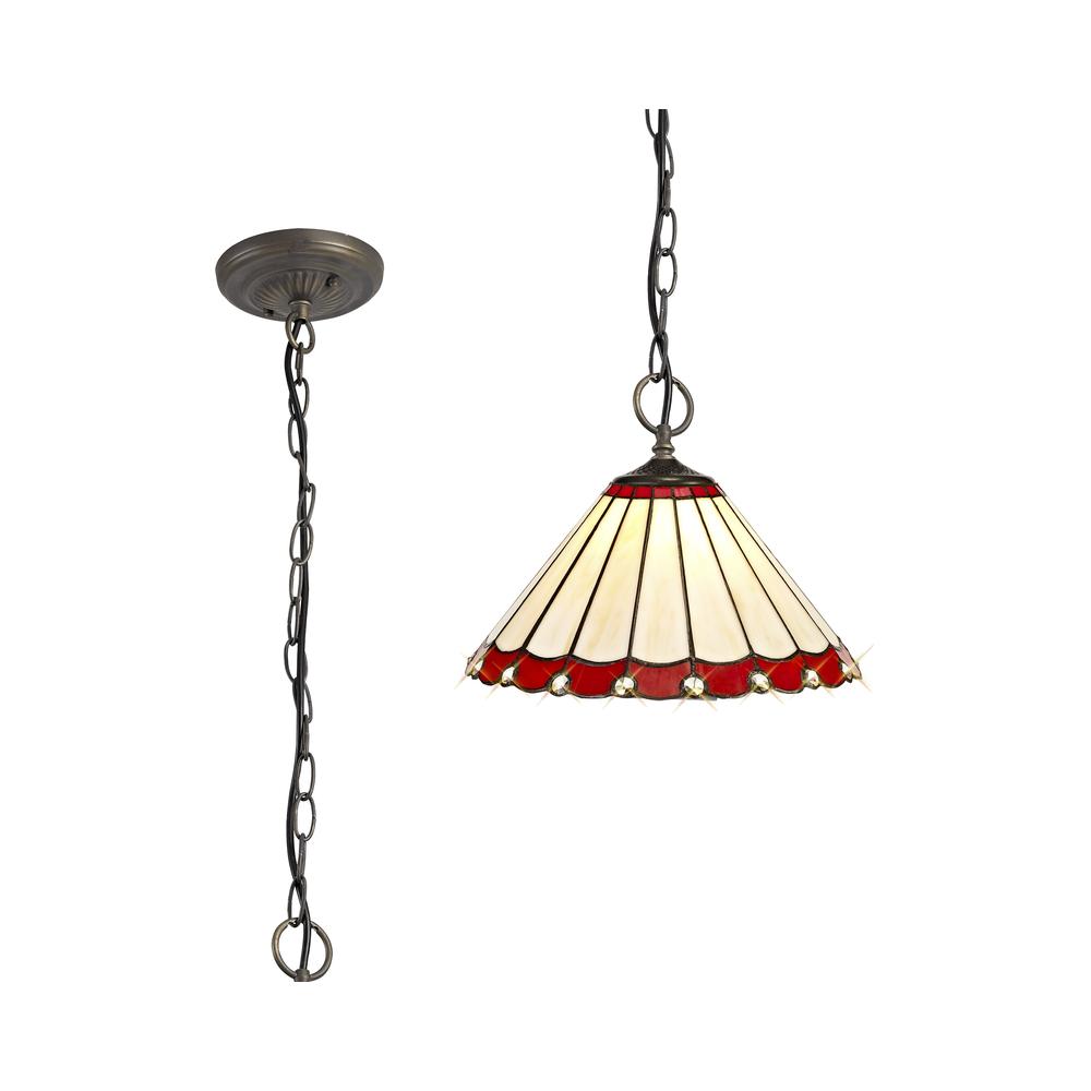 Luxuria Sleek 3 Light Downlighter Pendant E27 With 30cm Tiffany Shade Red/Cream/Crystal/Aged Antique Brass