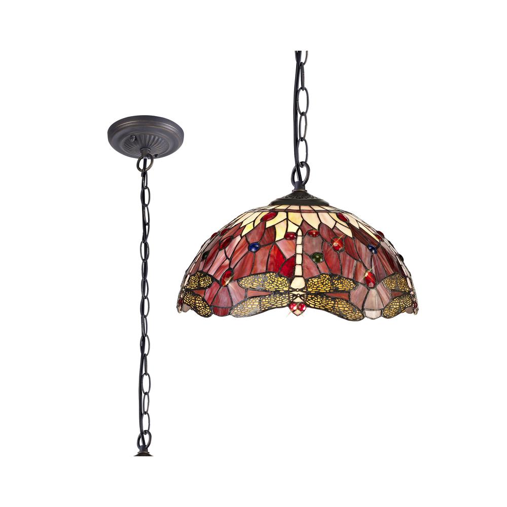 Luxuria Broadway 41cm 1 Light Downlighter Pendant E27 With 40cm Tiffany Shade Purple/Pink/Crystal/Aged Antique Brass