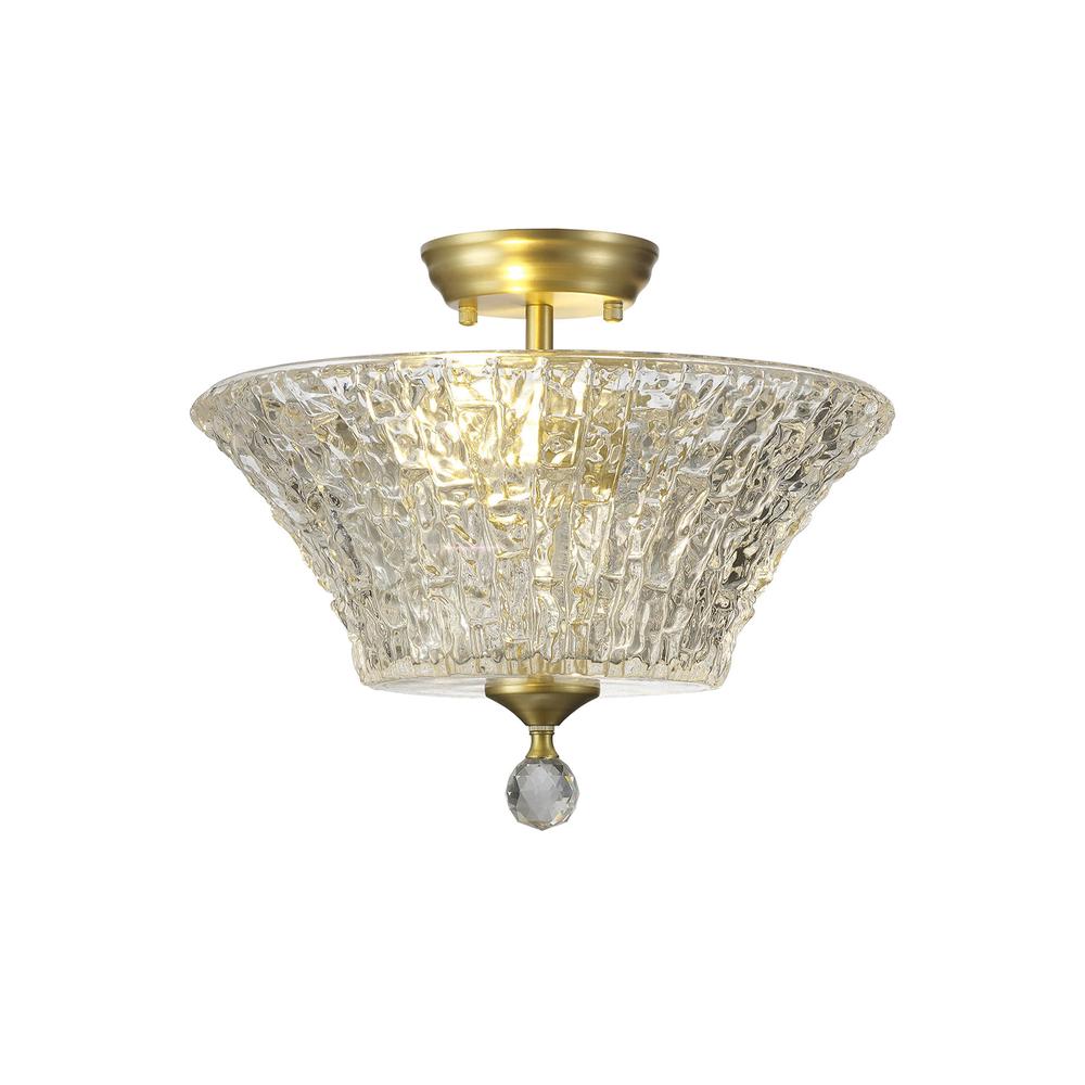 Luxuria Sirius Flush Ceiling Light 2xE27 With Round 38cm Patterned Glass Shade Satin Gold/Clear