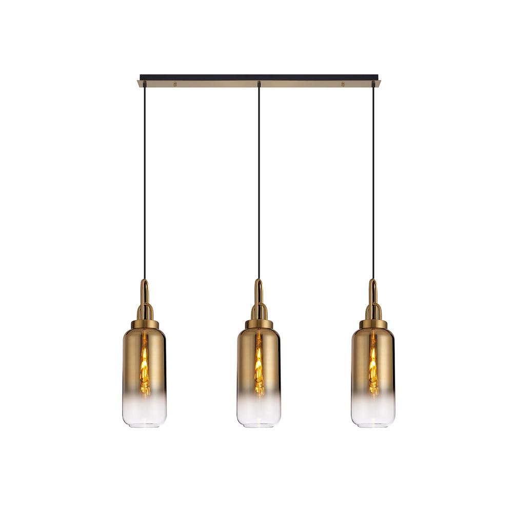 Luxuria Kennith Linear 3 Light Pendant E27 With 16cm Cylinder Glass Brass Gold/Clear Brass Gold/Matt Black