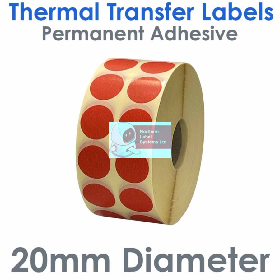 020DIATTNPR2-5000, 20mm Diameter Circle 2 Across, RED, Thermal Transfer Labels, Permanent Adhesive, 5,000 per roll, FOR SMALL DESKTOP LABEL PRINTERS