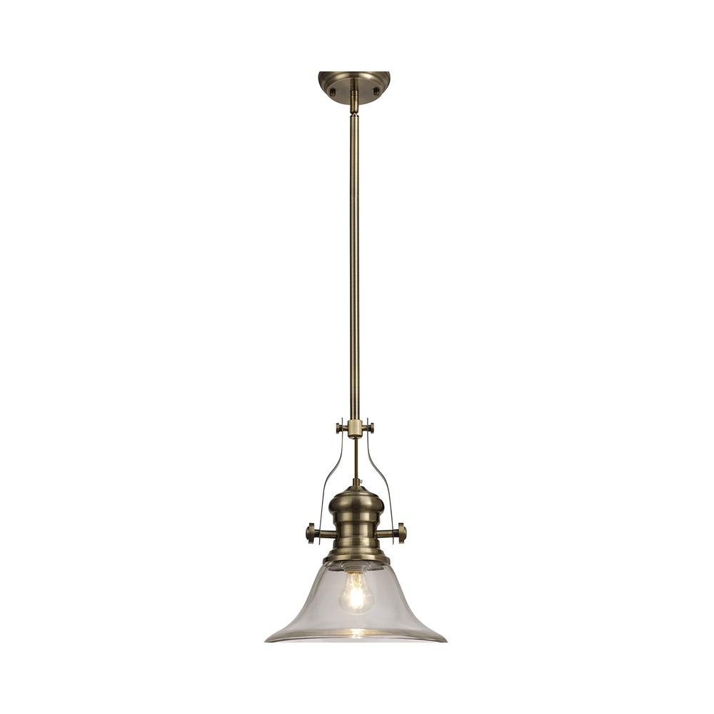 Luxuria Serena Pendant Light E27 With 30cm Smooth Bell Glass Shade Antique Brass/Clear