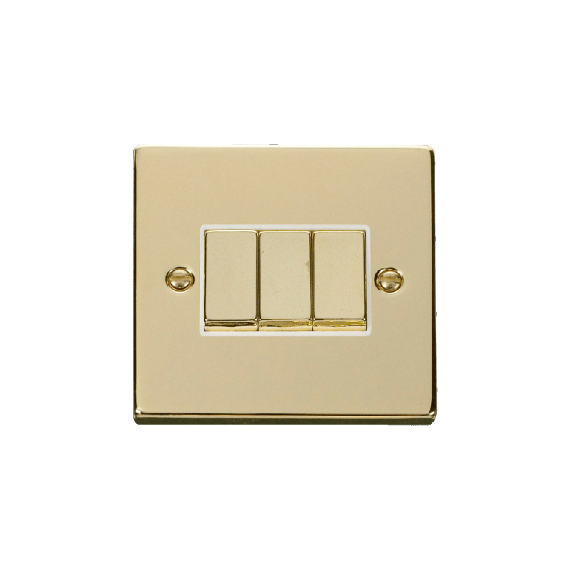 Click Deco 3 Gang 2 Way Ingot 10AX Switch Polished Brass White Inserts