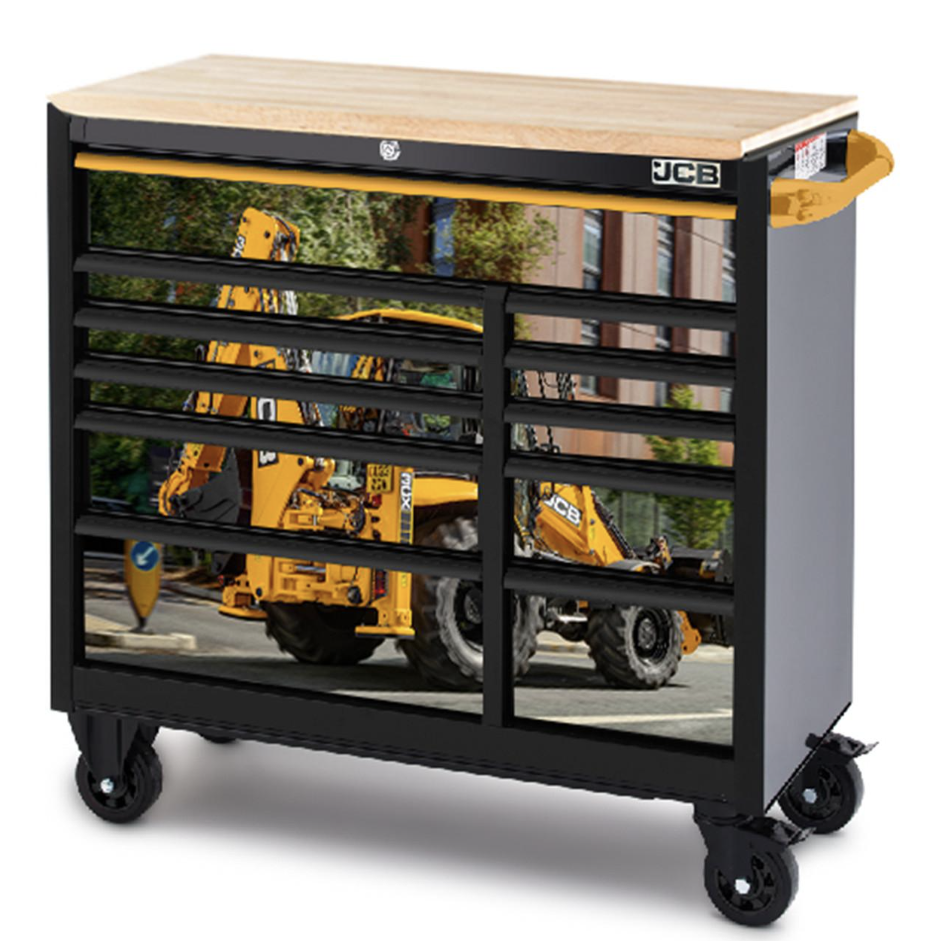 JCB 42’’ Roller Tool Cabinet, 11 Drawers, Steel With Hardwood Worktop And Backhoe Loader Wrap 