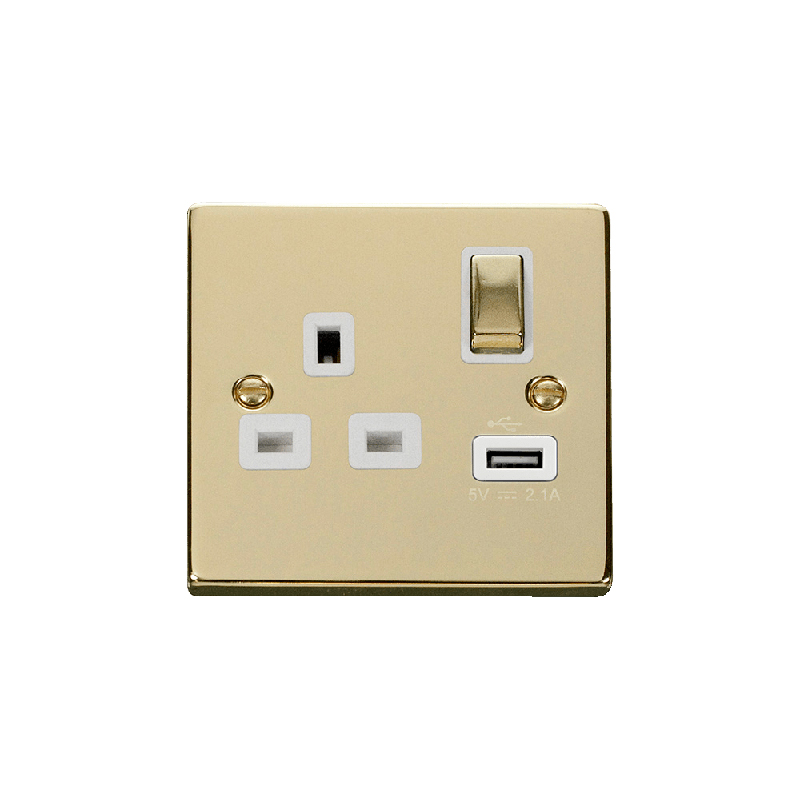 Click Deco 13A Ingot 1G Switched Socket with USB Outlet Polished Brass Insert White