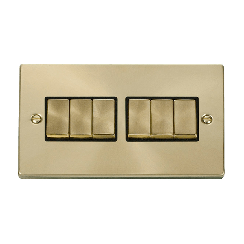 Click Deco 6 Gang 2 Way Ingot 10AX Switch Satin Brass Black Inserts