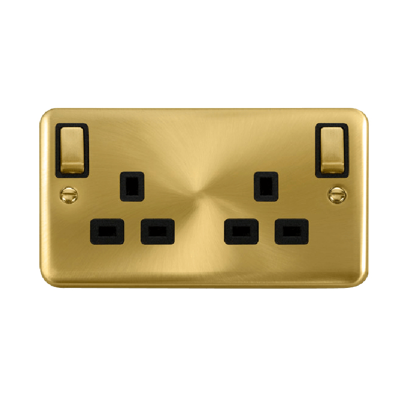 Click Deco Plus 13A Ingot 2G DP Switched Socket Outlet With Outboard Rockers Satin Brass Black Inserts