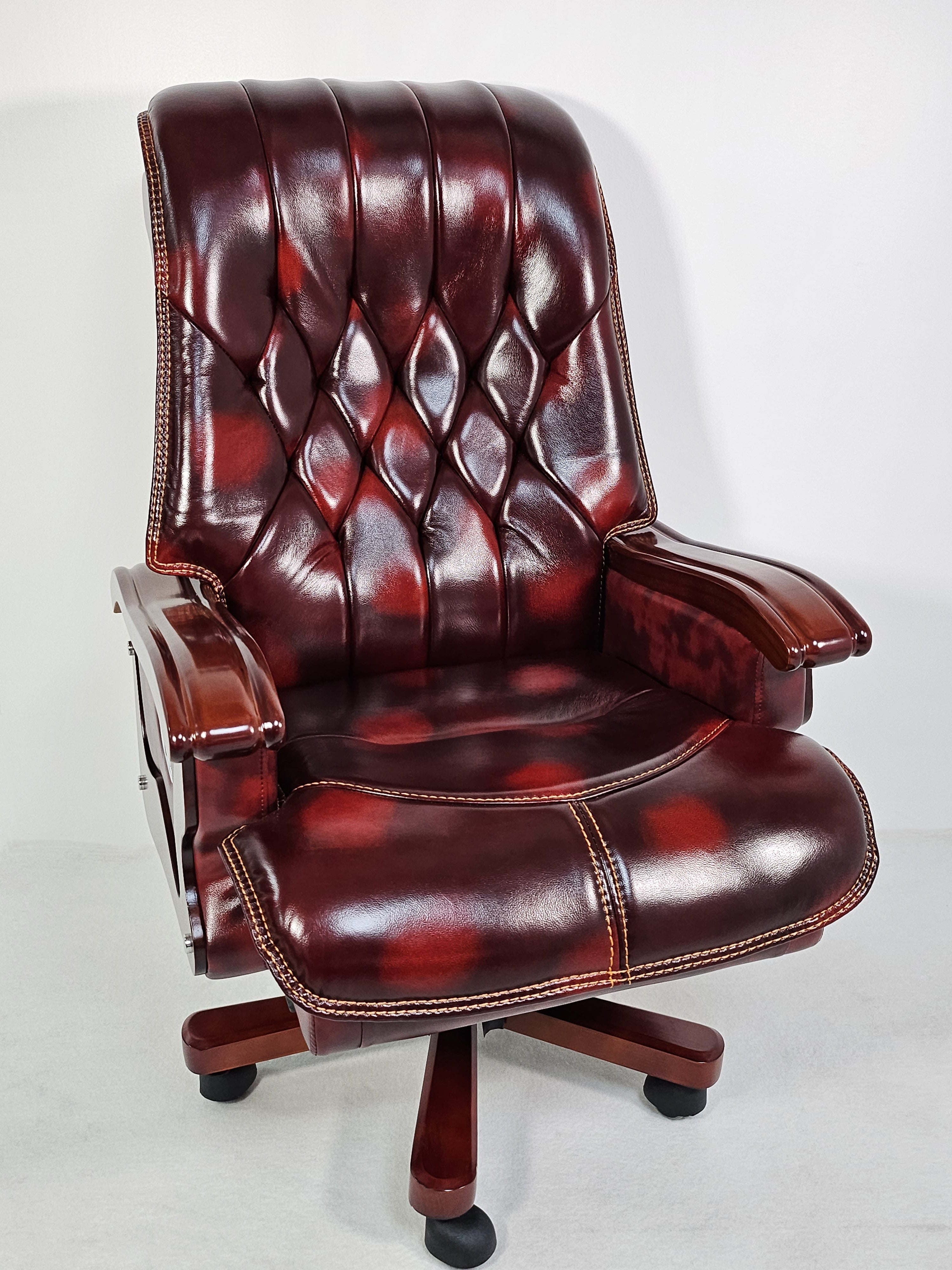 Large Burgundy Genuine Leather Executive Office Chair with Walnut Detailing -  A8052 UK
