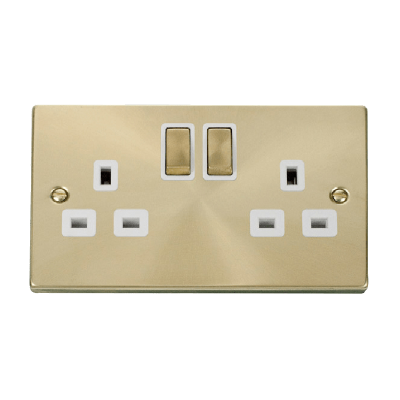 Click Deco 2 Gang 13A DP 'Ingot' Switched Socket Outlet (Twin Earth) Satin Brass Insert White