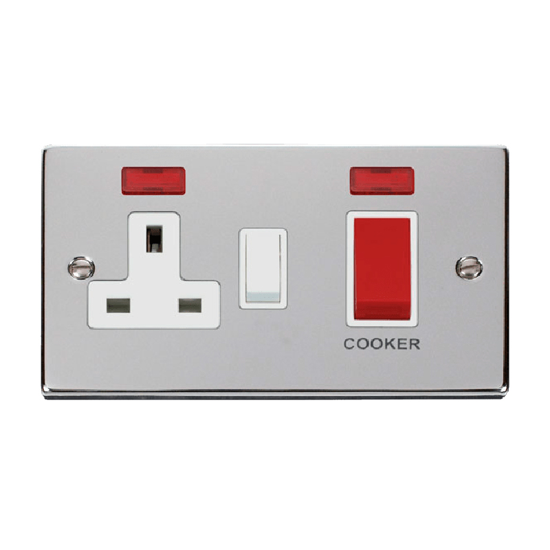 Click Deco 45A DP Switch with 13A Switched Socket and Neons Polished Chrome Insert White