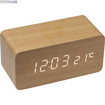 DESK CLOCK with Integrated Cordless Charger in Beige.