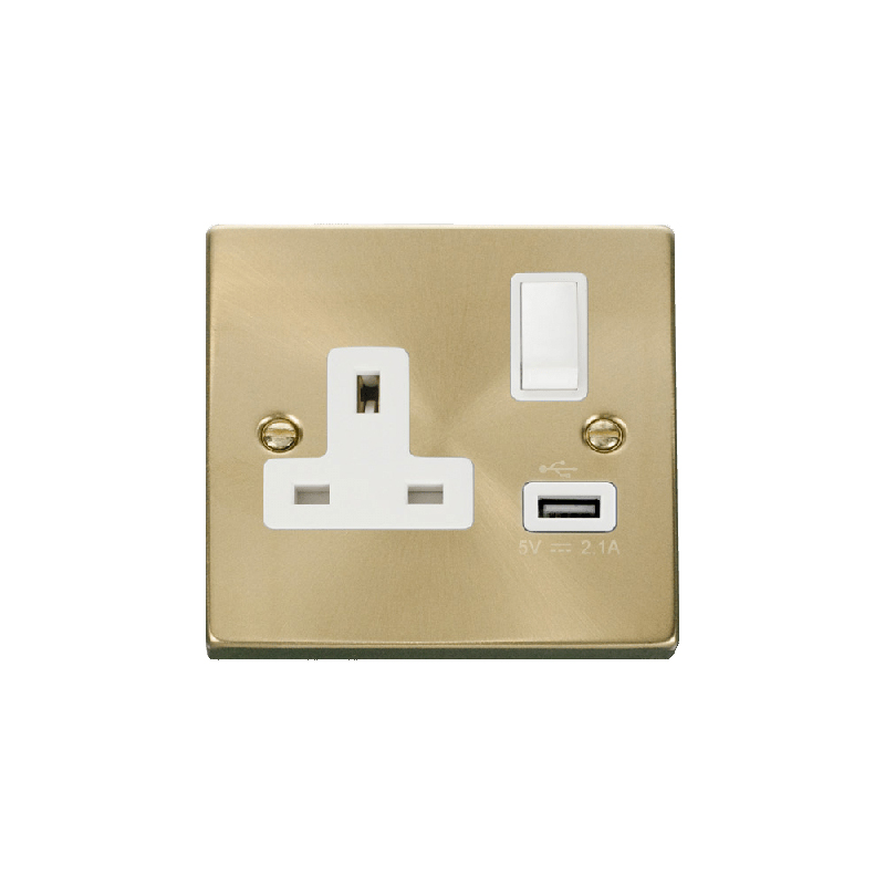 Click Deco 13A 1G Switched Socket Outlet With USB Outlet Satin Brass Insert White