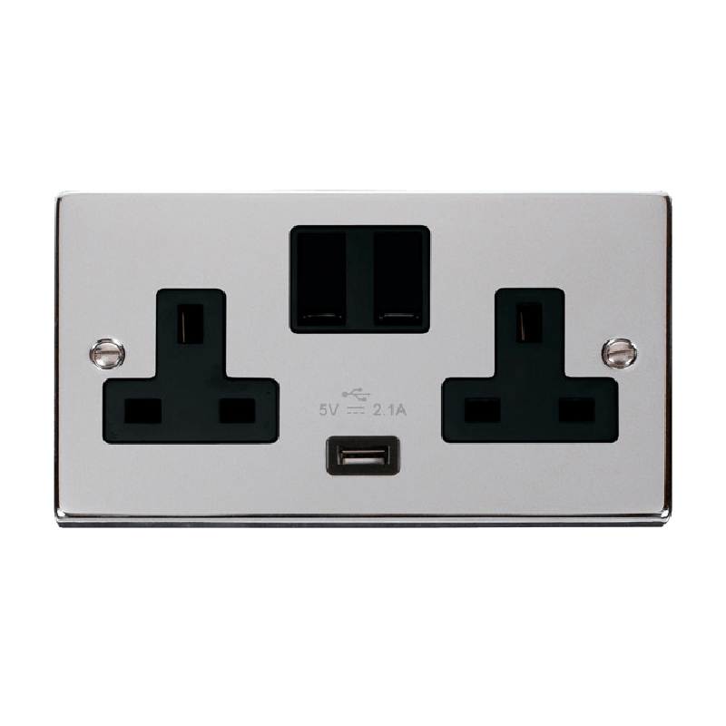 Click Deco 13A 2G Switched Socket With USB Outlet Polished Chrome Insert Black